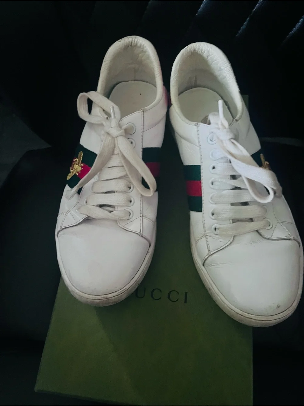 Gucci White Leather Sneakers with Green and Red Web Stripe and Gold Bee